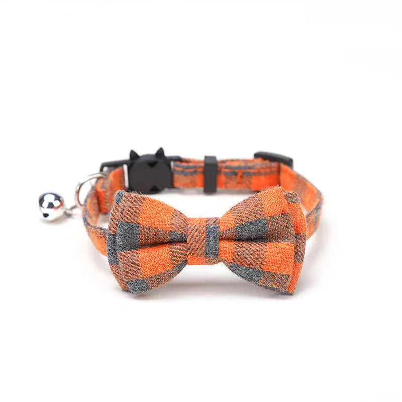 Christmas Plaid Pet Collar Necklace with Bow Tie and Bell, Adjustable