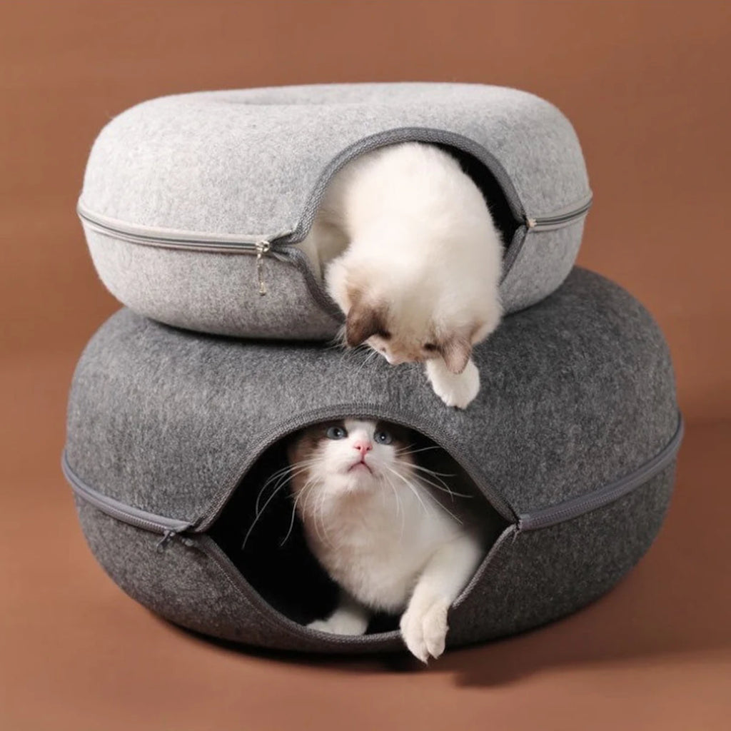 2-in-1 Felt Donut Cat Bed and Play Tunnel, Cozy Hideaway Cave