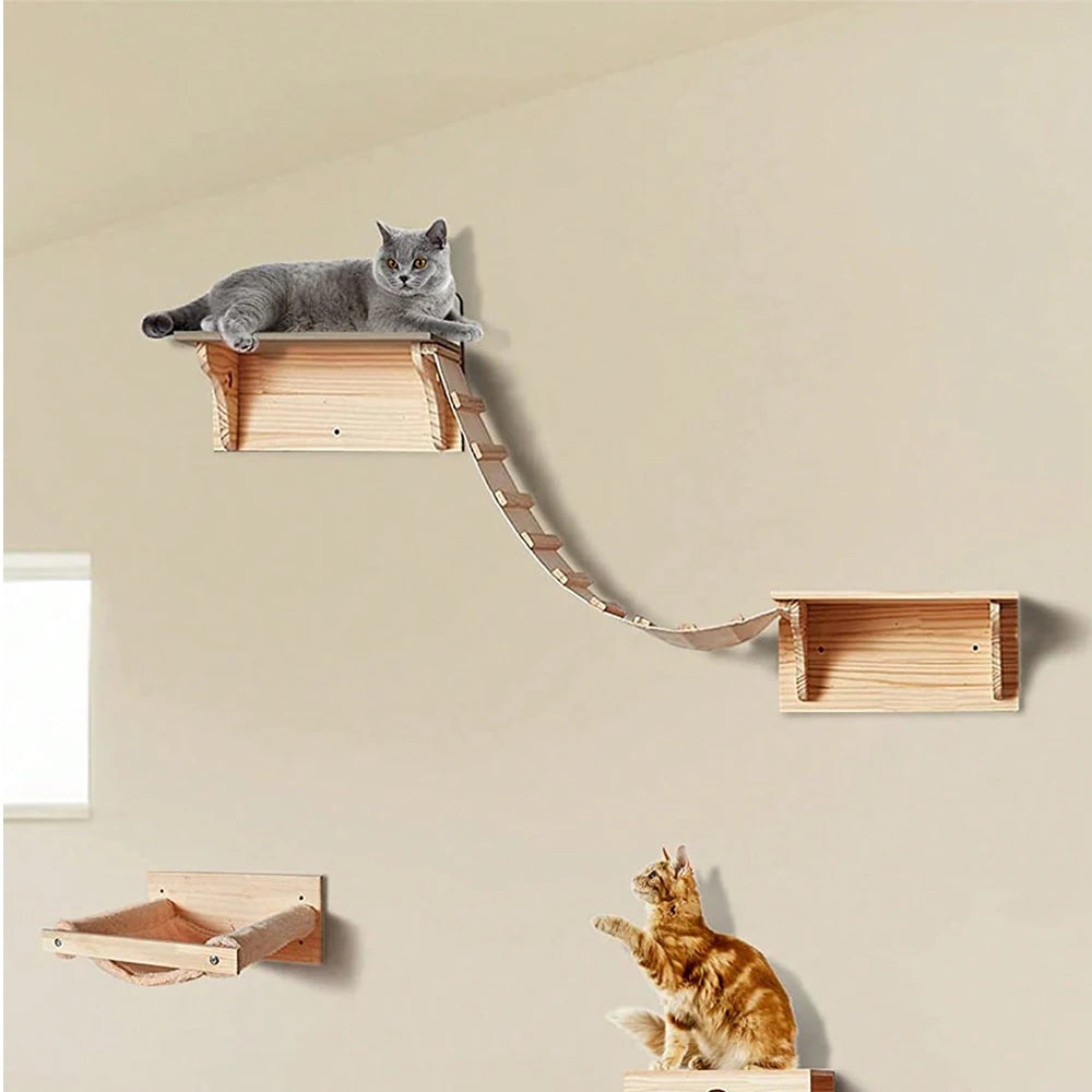 Wall-Mounted Cat Climbing Shelves Set with Bridge Ladder