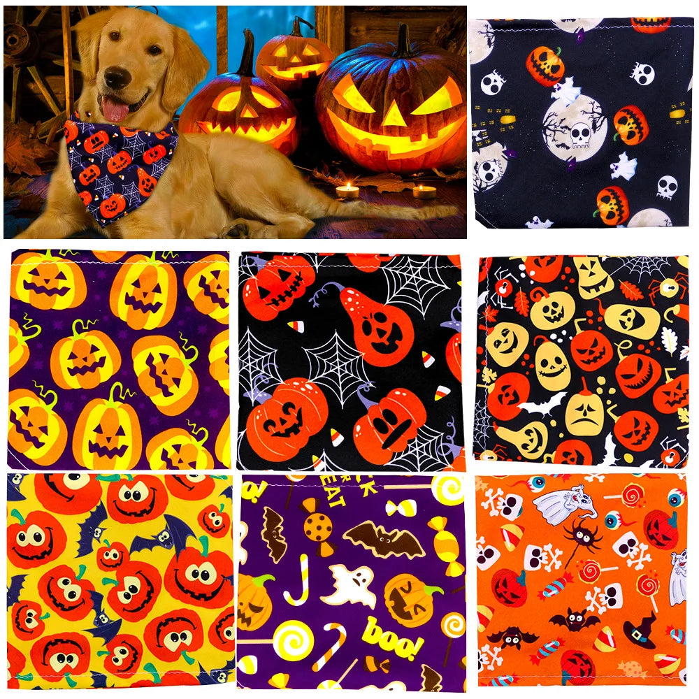 Halloween Dog & Cat Bandana Scarf, Pumpkin Ghost Bat Print Bib