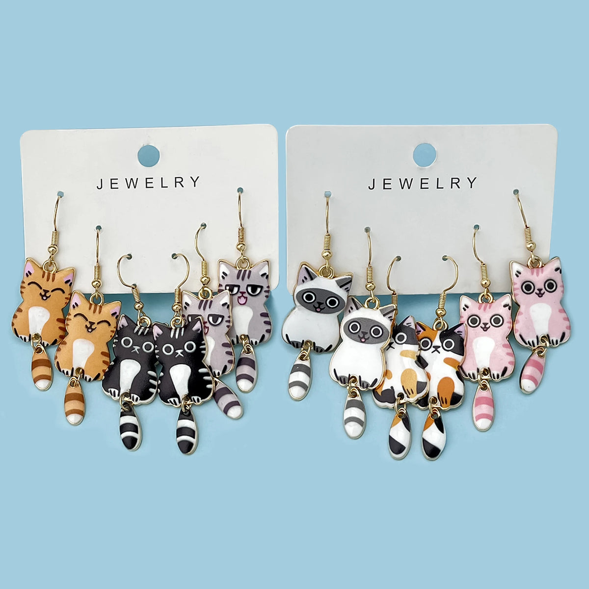 Hanging Tail Cat Dangle Earrings, 3-Pair Enamel Gift Set for Cat Lovers
