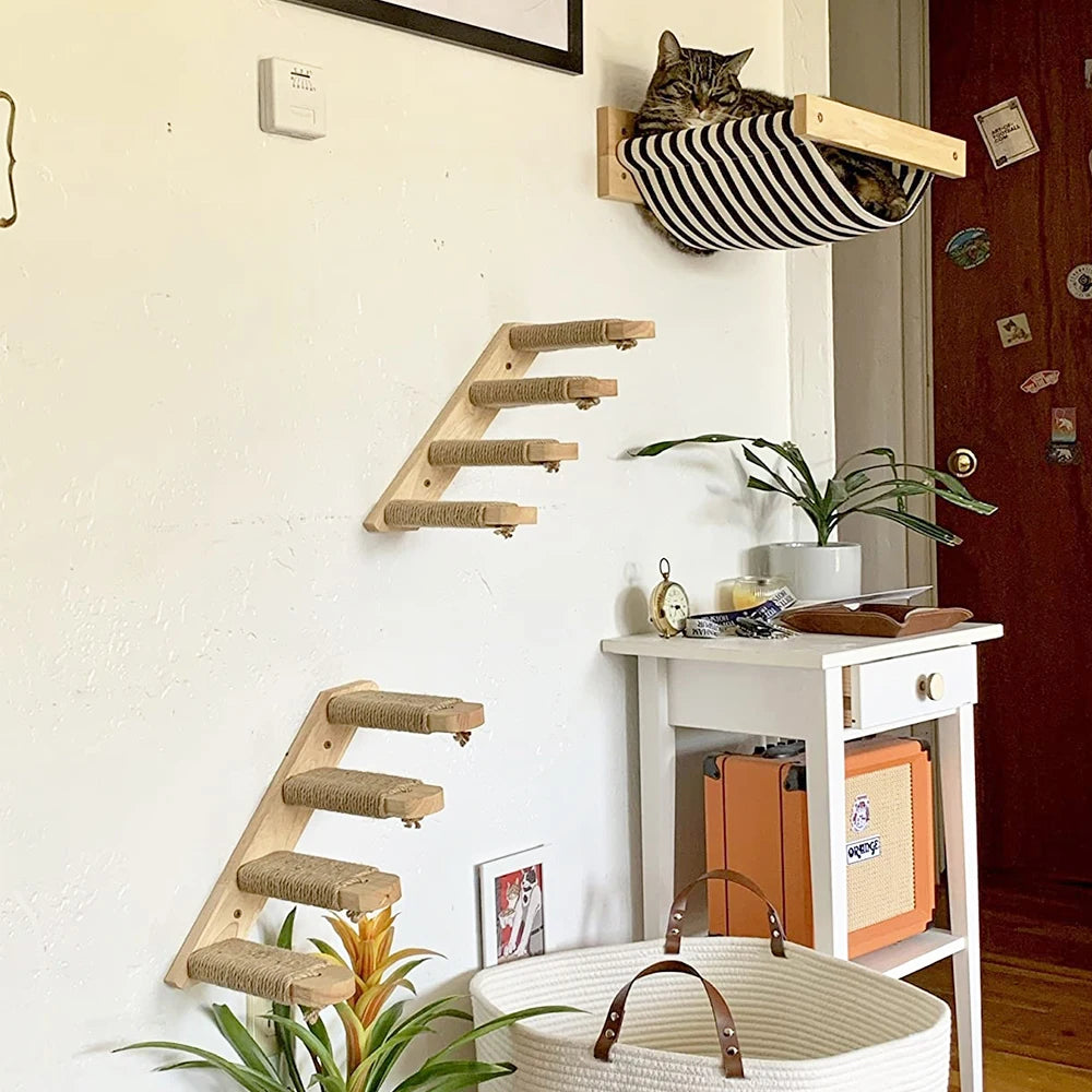 Wall-Mounted Cat Climbing Shelf Set with Scratching Post & Hammock