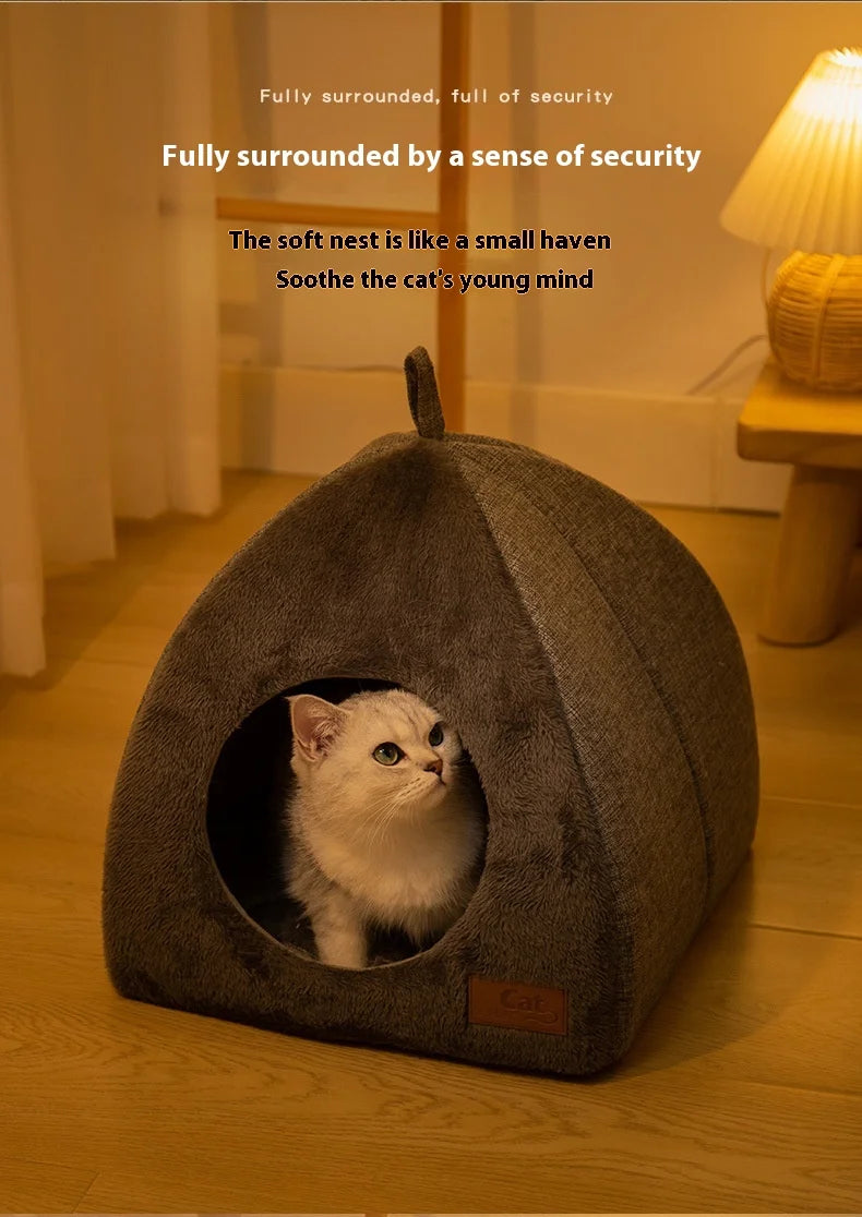 Warm Triangle Cat Tent Bed, Enclosed Cozy Cave for Cats & Small Dogs