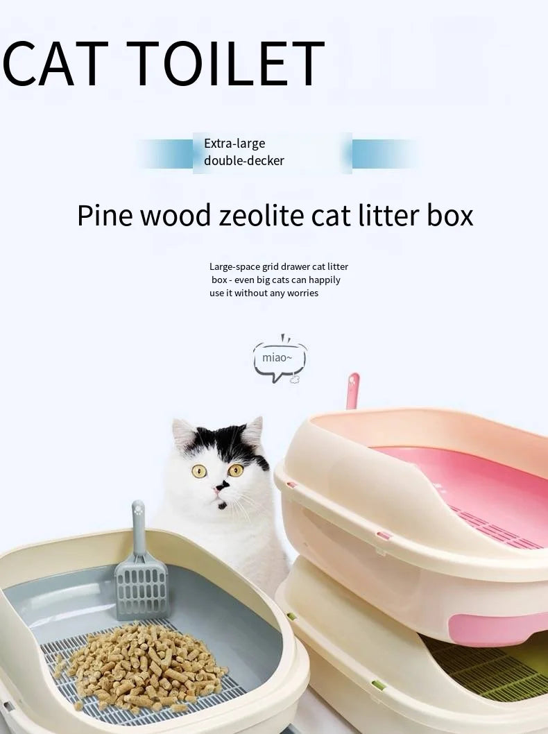Half-Enclosed Double-Layer Grid Cat Litter Box, Splash-Proof Drawer