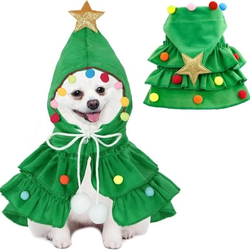 Christmas Tree Cloak Costume for Dogs & Cats, Star Pompom Cape