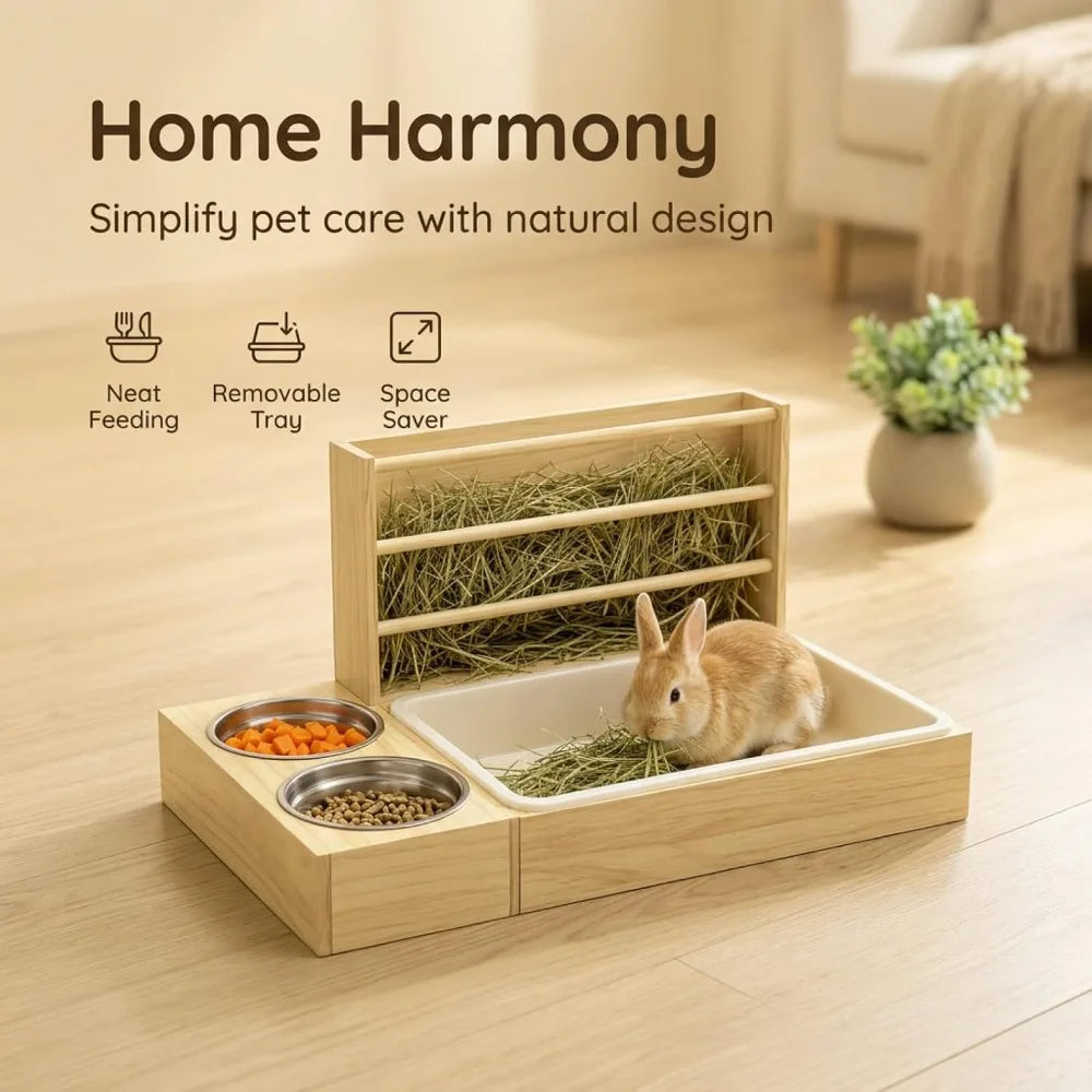 3-in-1 Wooden Rabbit Hay Feeder with Litter Box & 2 Bowls