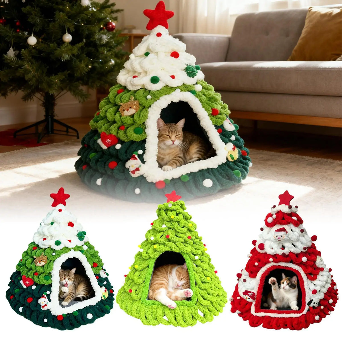 Christmas Tree Cat House Knit Warm Nest for the Holidays