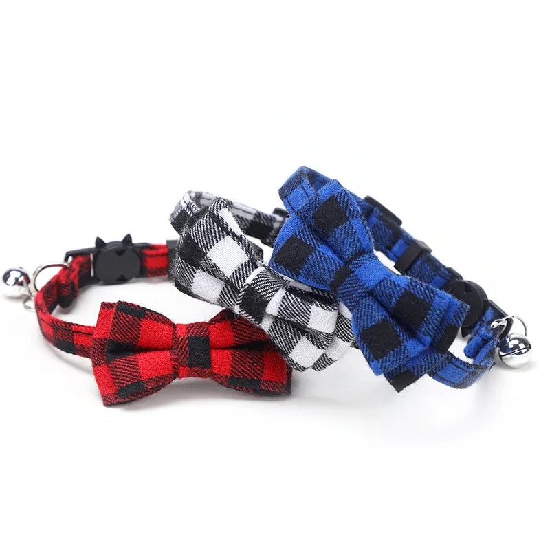 Christmas Plaid Pet Collar Necklace with Bow Tie and Bell, Adjustable