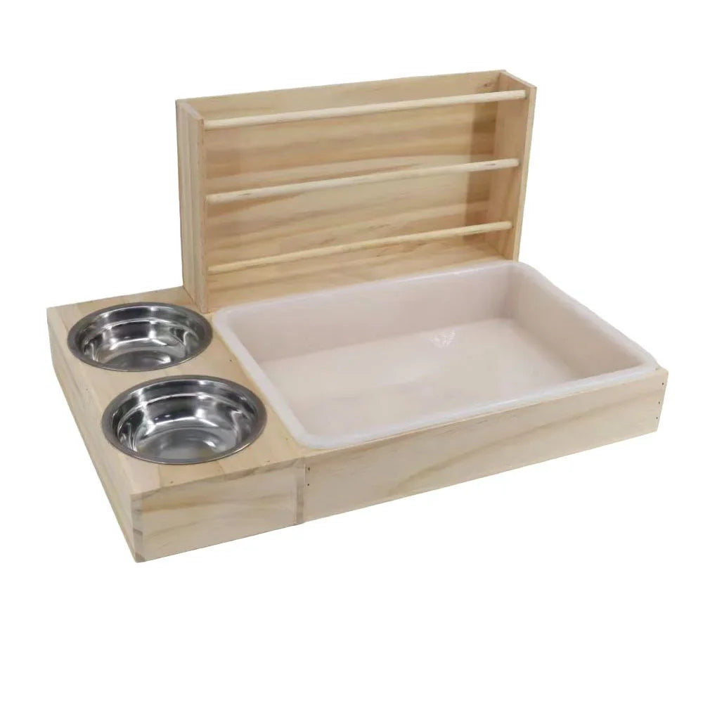 3-in-1 Wooden Rabbit Hay Feeder with Litter Box & 2 Bowls