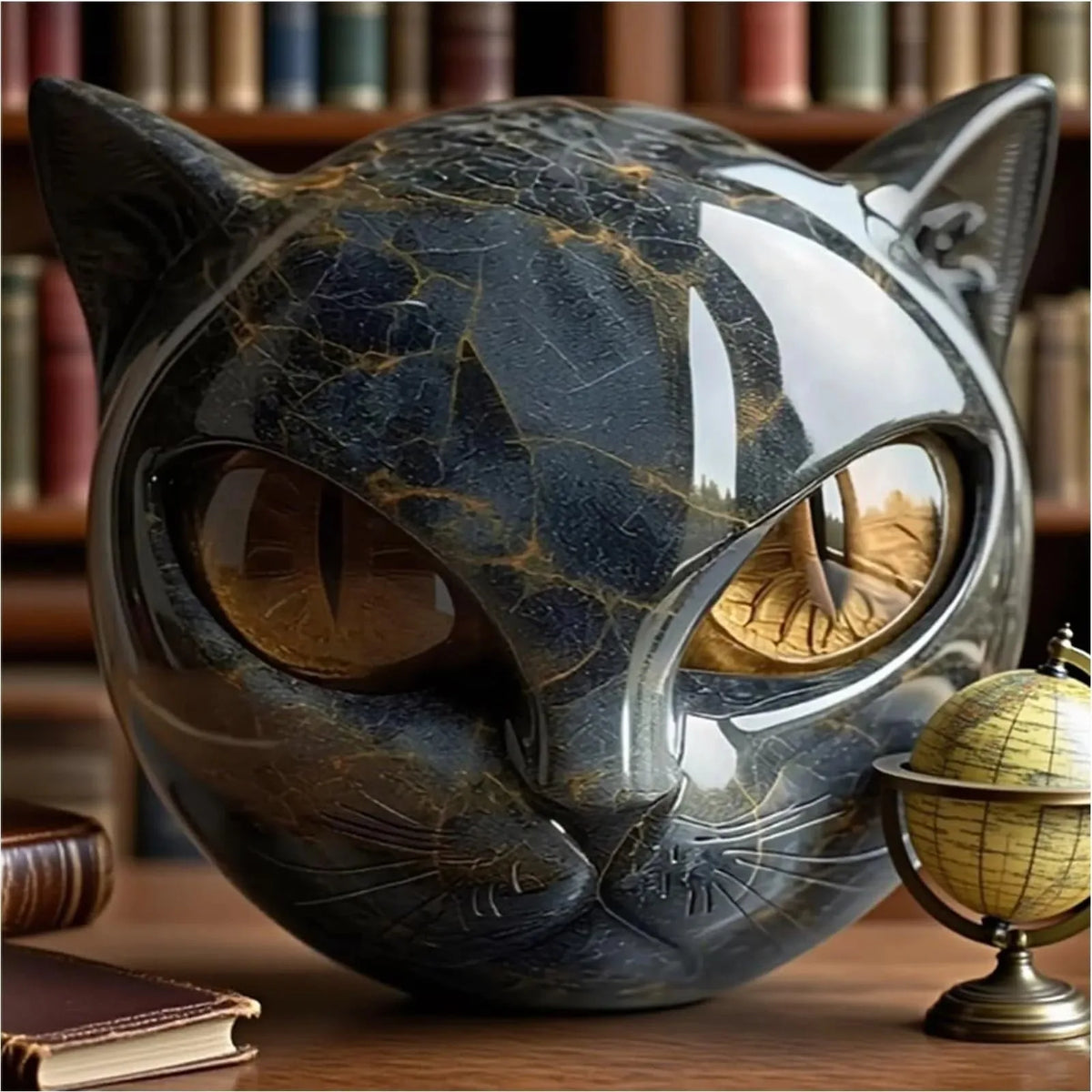 Black Cat Resin Figurine, Marble-Texture Cat Head Decor