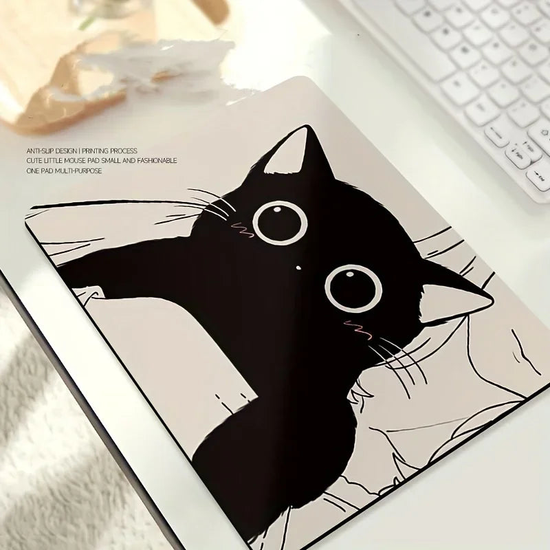 Black Cat Illustration Mouse Pad, Non-Slip Desk Mat Gift for Cat Lovers