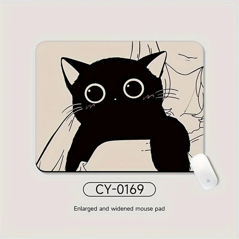 Black Cat Illustration Mouse Pad, Non-Slip Desk Mat Gift for Cat Lovers