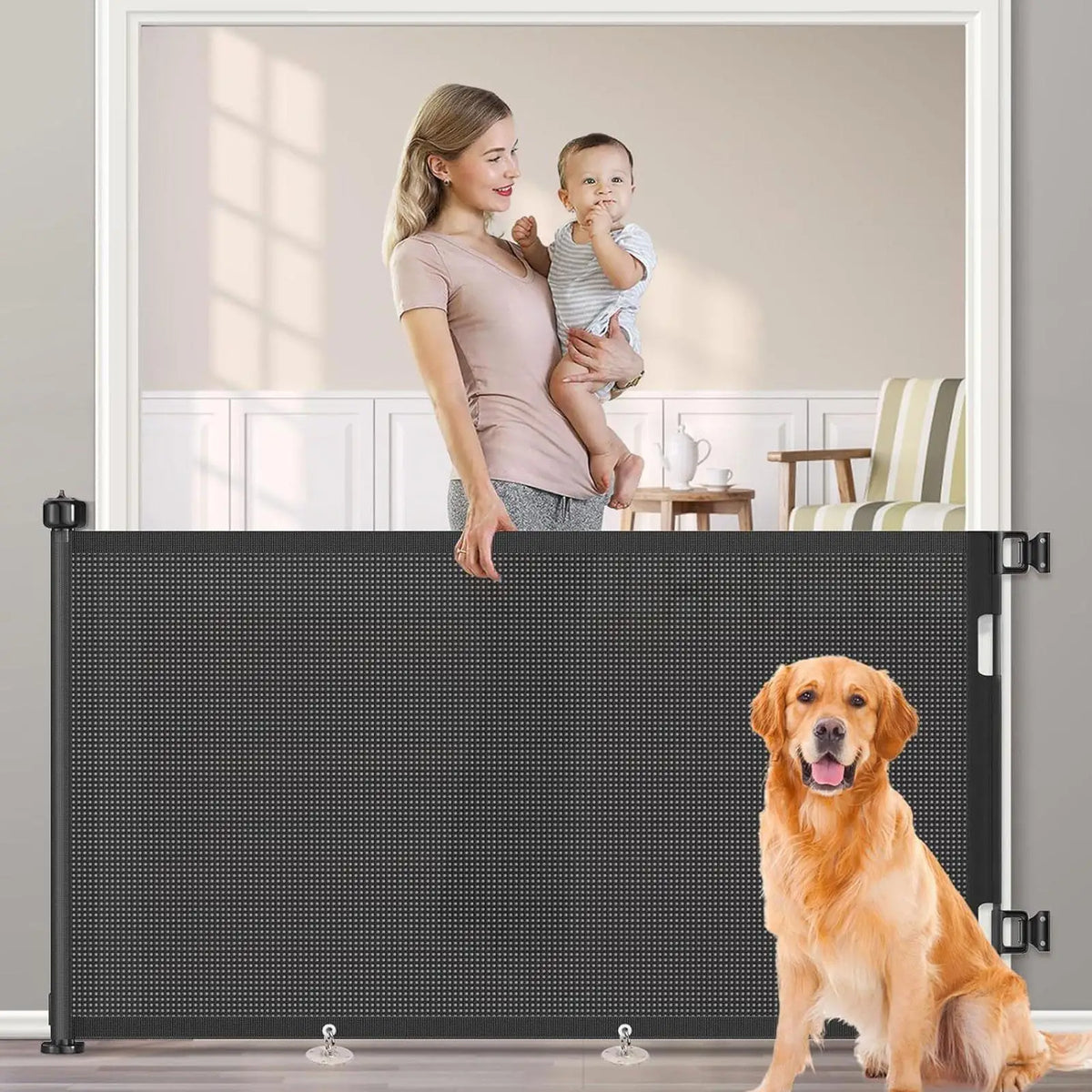 Retractable Mesh Pet Gate for Stairs & Doorways, Indoor Dog Barrier