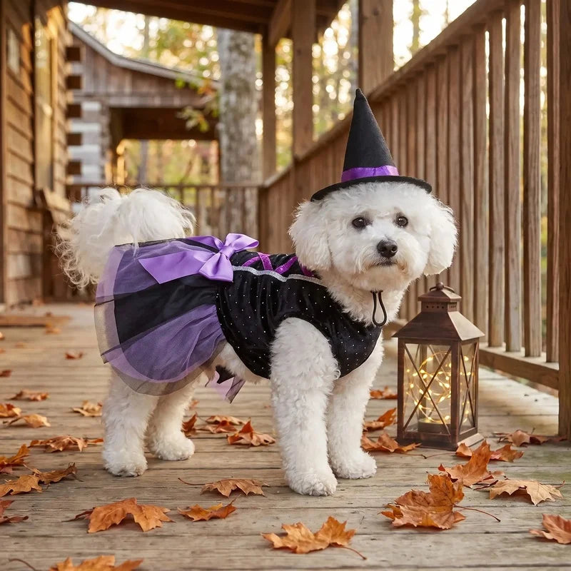 Halloween Witch Tutu Dress with Hat for Small Dogs and Cats, Purple