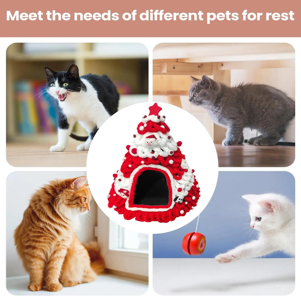 Knitted Christmas Tree Cat House, Warm Winter Nest for Kittens