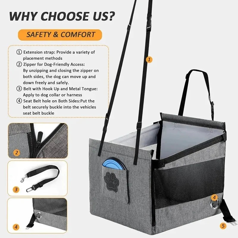 Portable Dog Car Seat with Safety Mesh, Waterproof Pet Travel Bed
