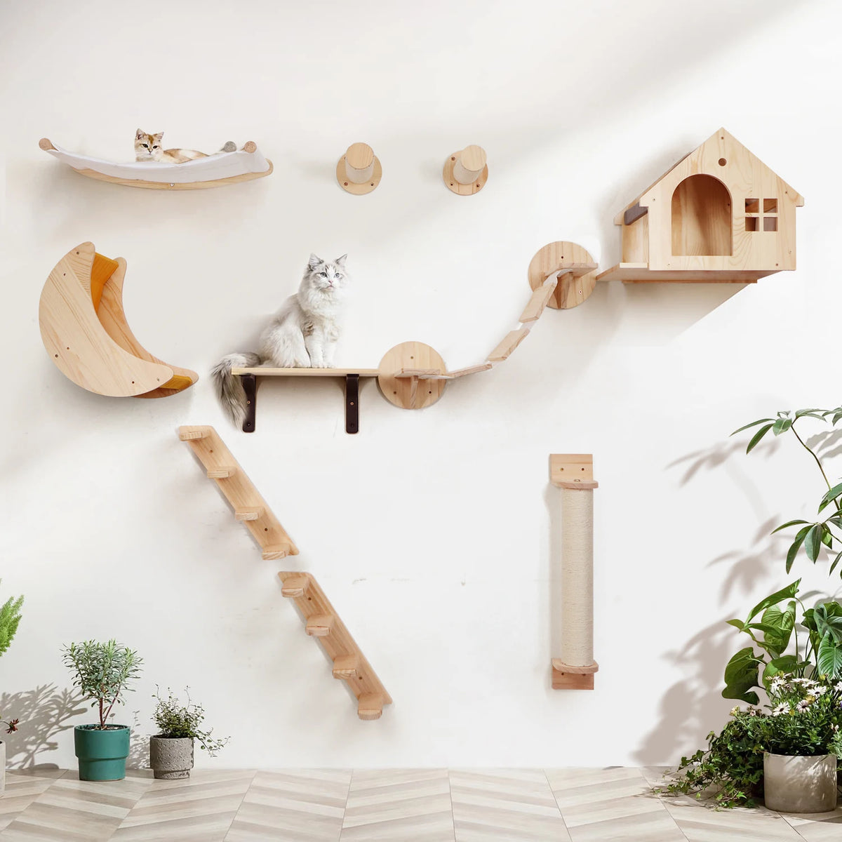 Wall-Mounted Cat Climbing Shelf Set with Scratching Post & Hammock