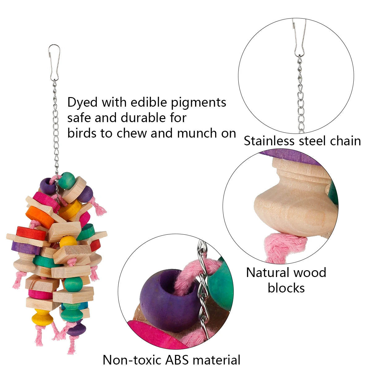 Colorful Wooden Foraging Block Toy for Parrots, Hanging Cage Chew