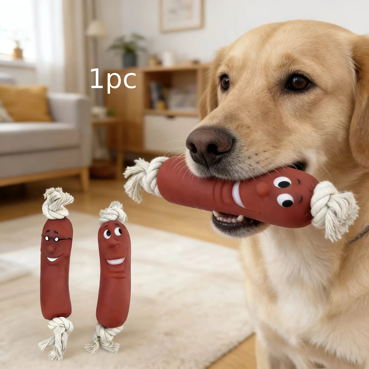 Squeaky Sausage Dog Chew Toy, Bite-Resistant Rope Teething Toy