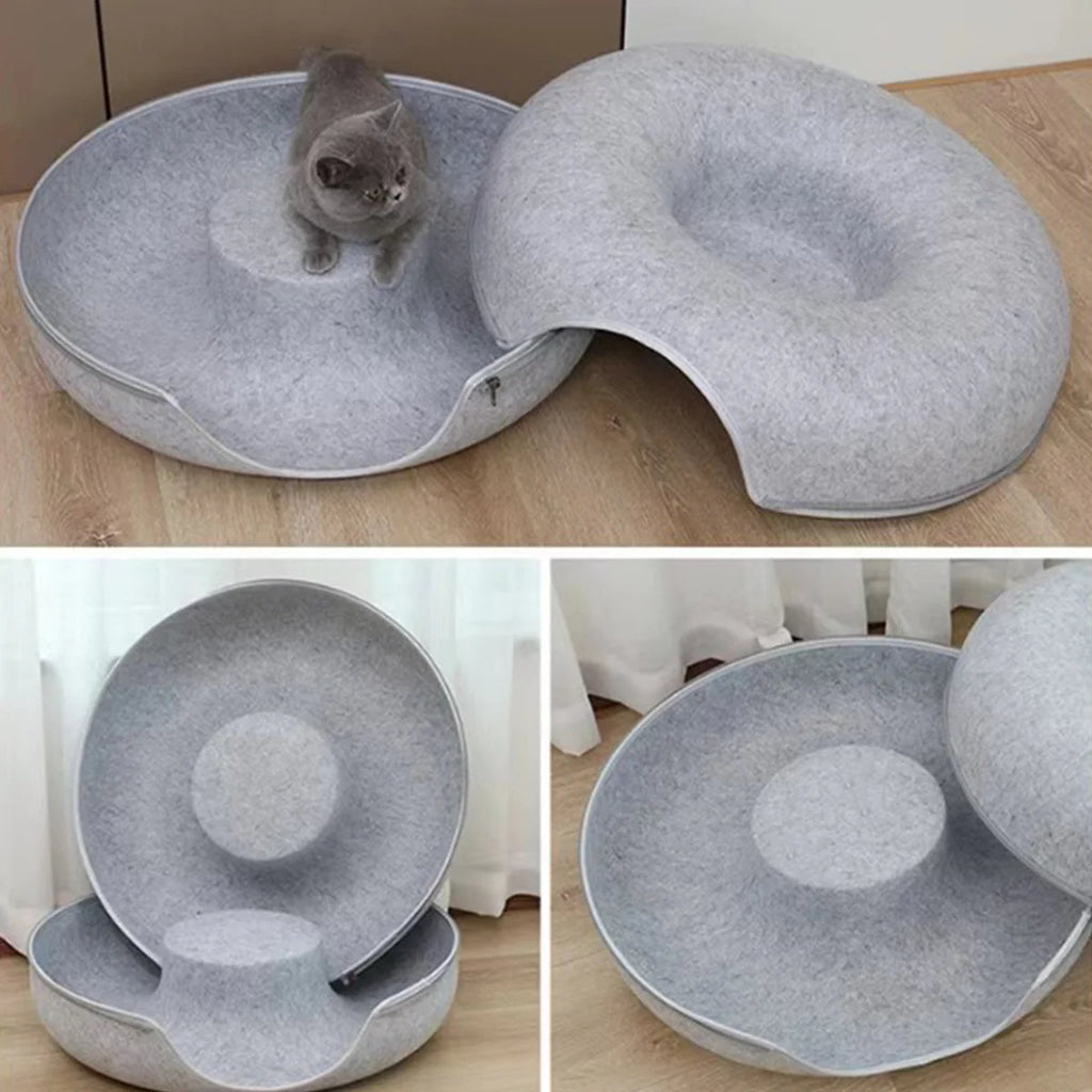 2-in-1 Felt Donut Cat Bed and Play Tunnel, Cozy Hideaway Cave