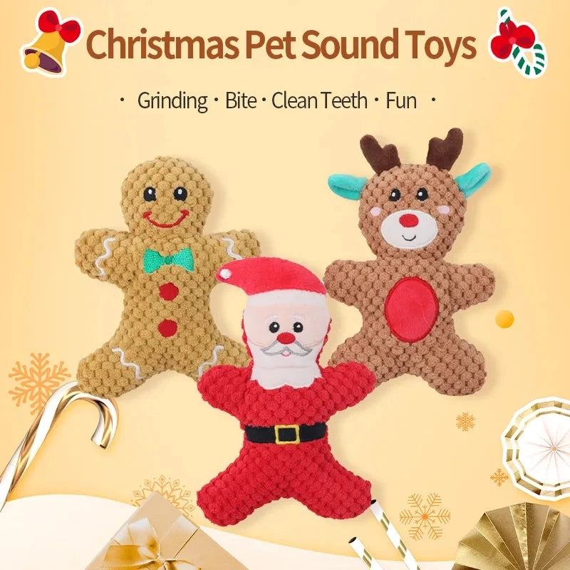 Xmas Pet Dog Plush Chew Toy Santa Elk Gingerbread Man Donut Cat