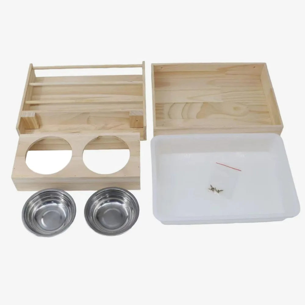 3-in-1 Wooden Rabbit Hay Feeder with Litter Box & 2 Bowls