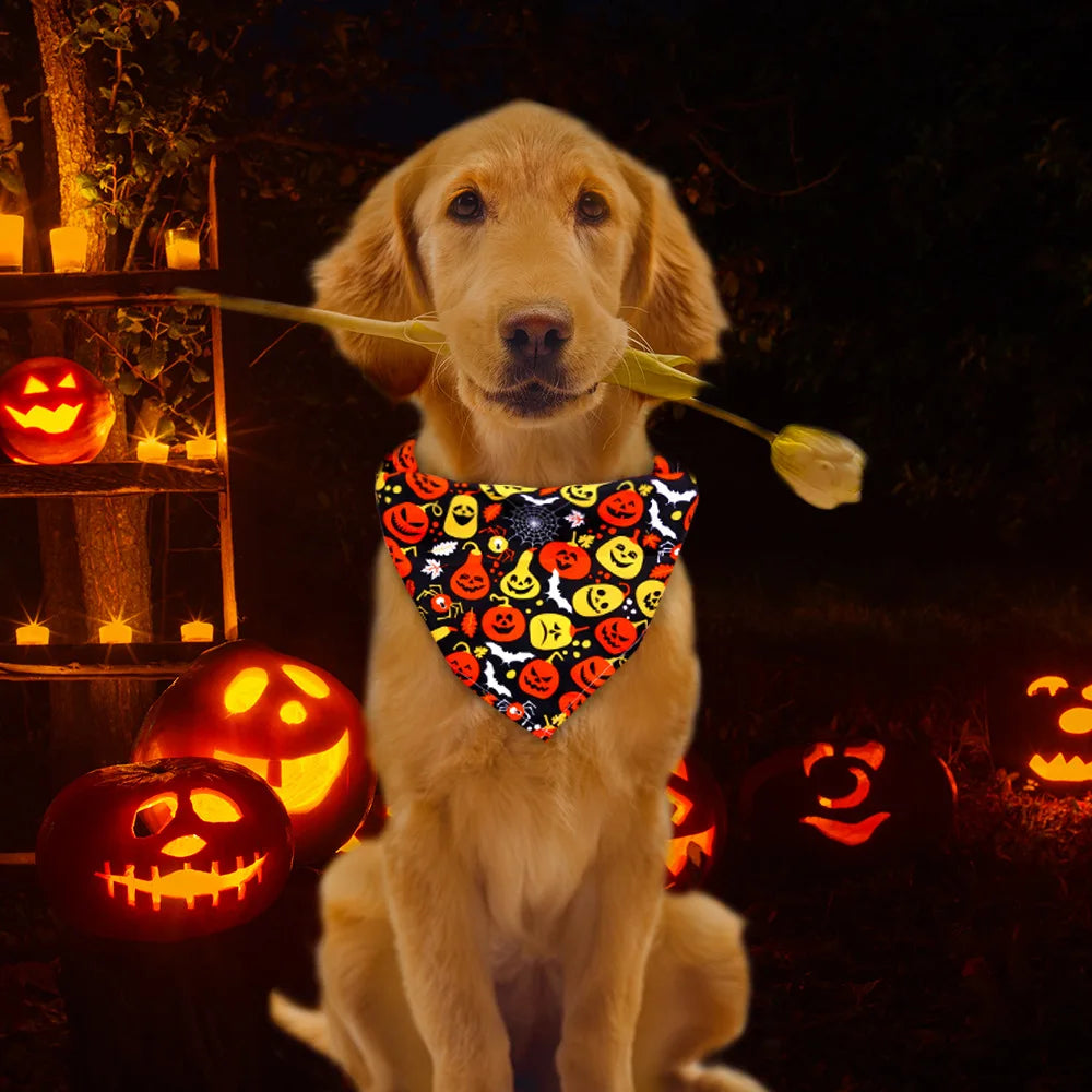 Halloween Dog & Cat Bandana Scarf, Pumpkin Ghost Bat Print Bib