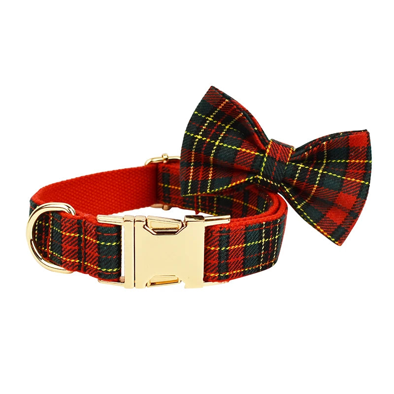 Christmas Dog Collar, Red Lattice Soft Cotton with Bell
