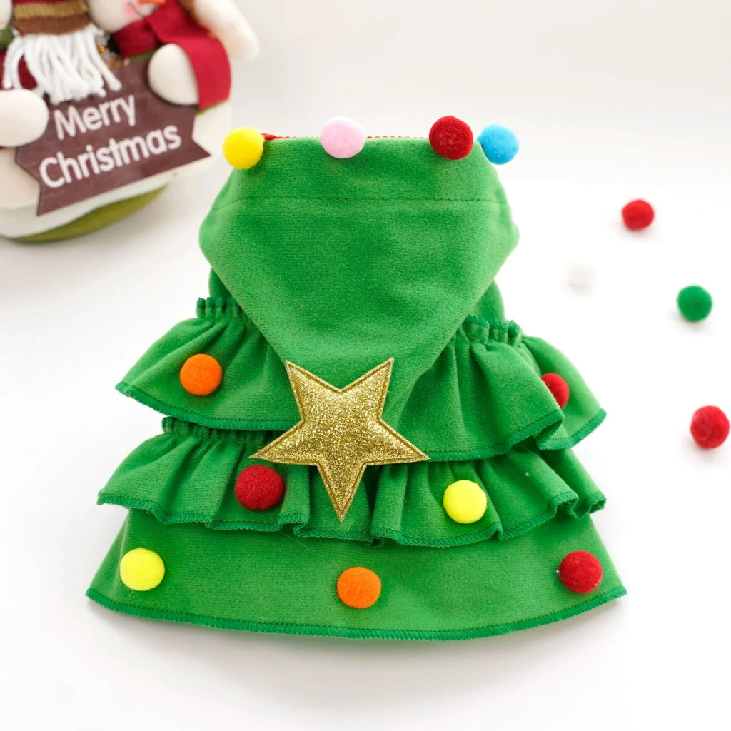 Christmas Tree Cloak Costume for Dogs & Cats, Star Pompom Cape