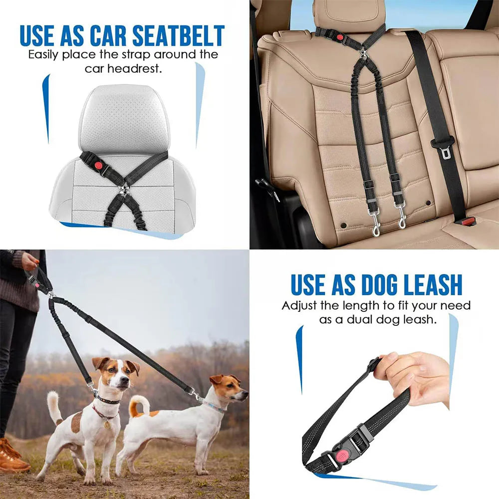 Double Dog Car Headrest Restraint, Tangle-Free Seat Belt for 2 Dogs