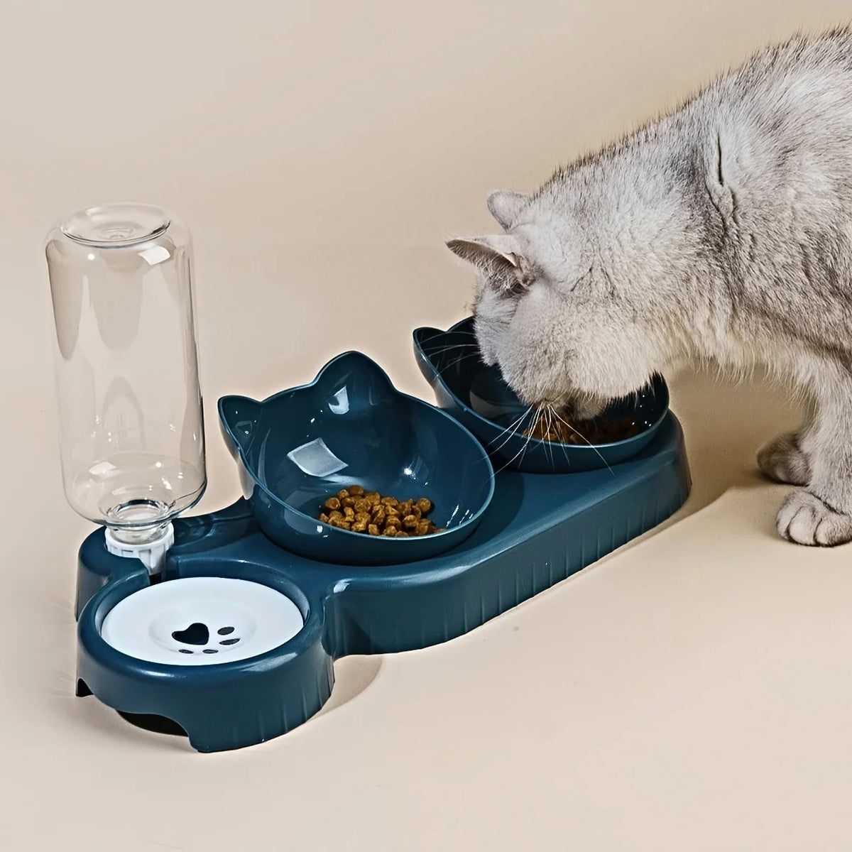 3-in-1 Tilted Cat Bowl Set with Gravity Water Bottle, Neck-Friendly