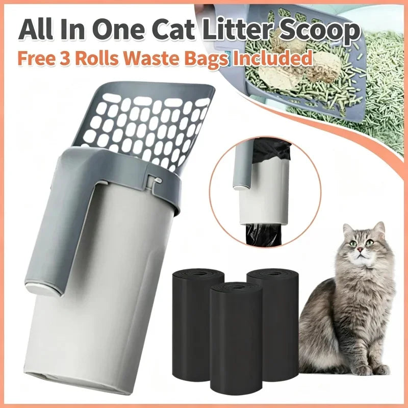 All-in-One Cat Litter Scooper with Built-In Waste Bag Holder