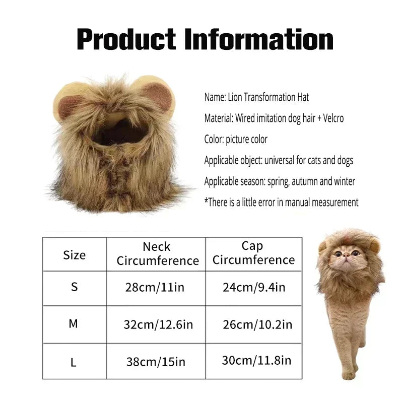 Halloween Lion Mane Wig Costume Hat with Ears for Cats & Small Dogs