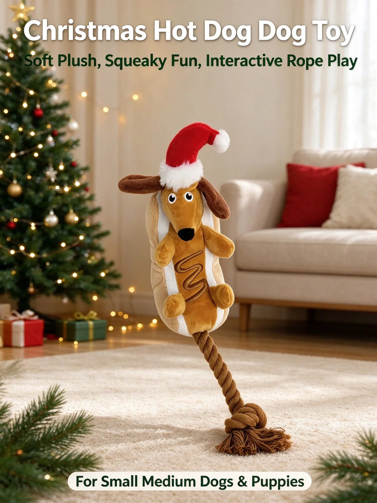 Christmas Dachshund Plush Squeaky Dog Toy with Rope Knot Chew
