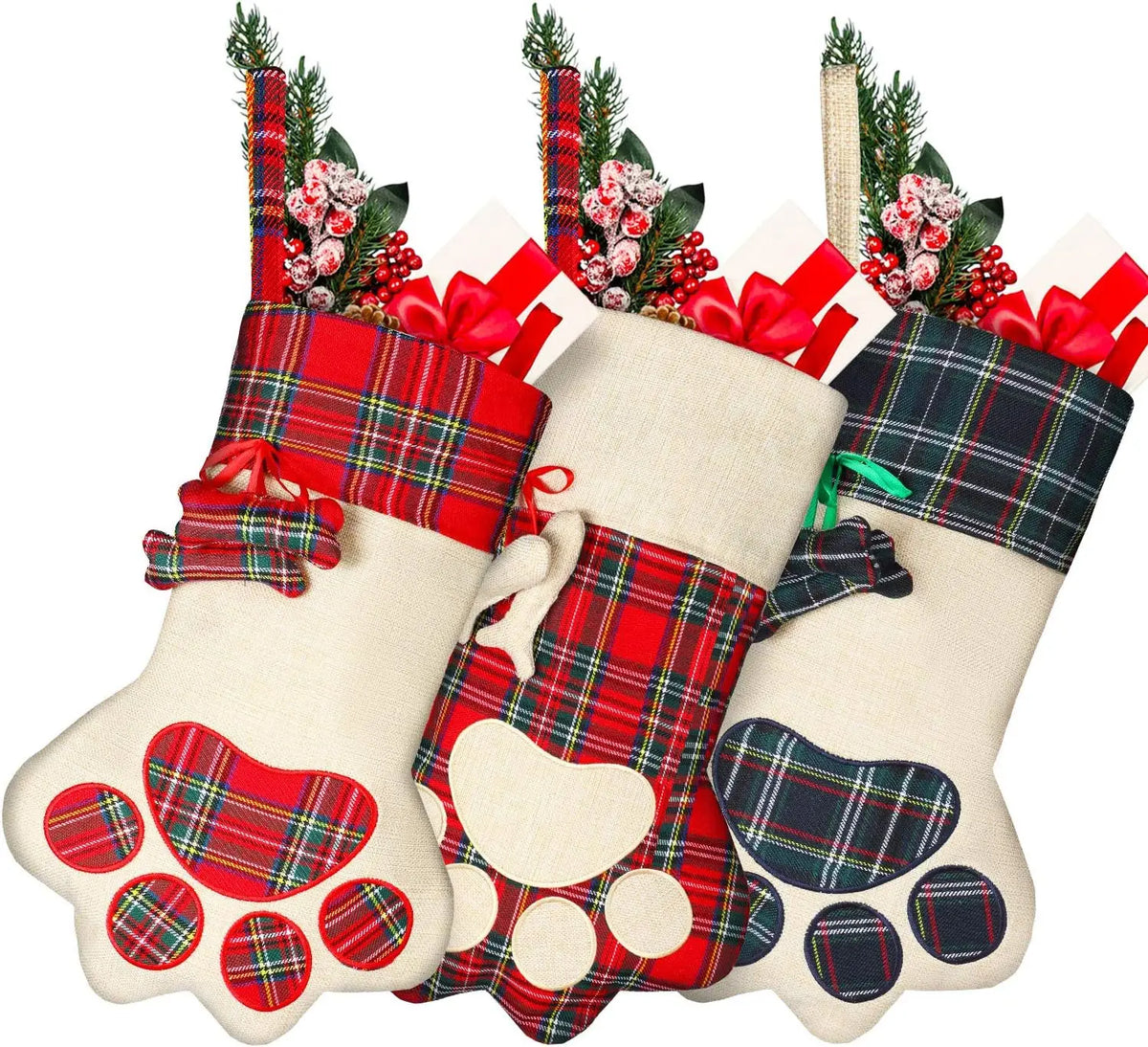 Christmas Pet Stocking with Paw Print, Plaid Hanging Gift Bag