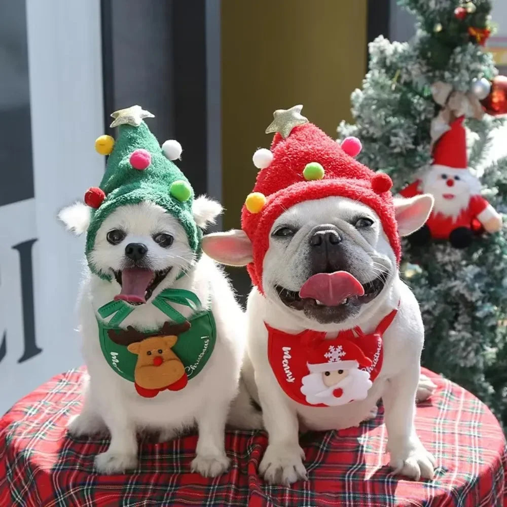 Christmas Santa Hat & Bandana Set for Dogs & Cats, Photo Prop