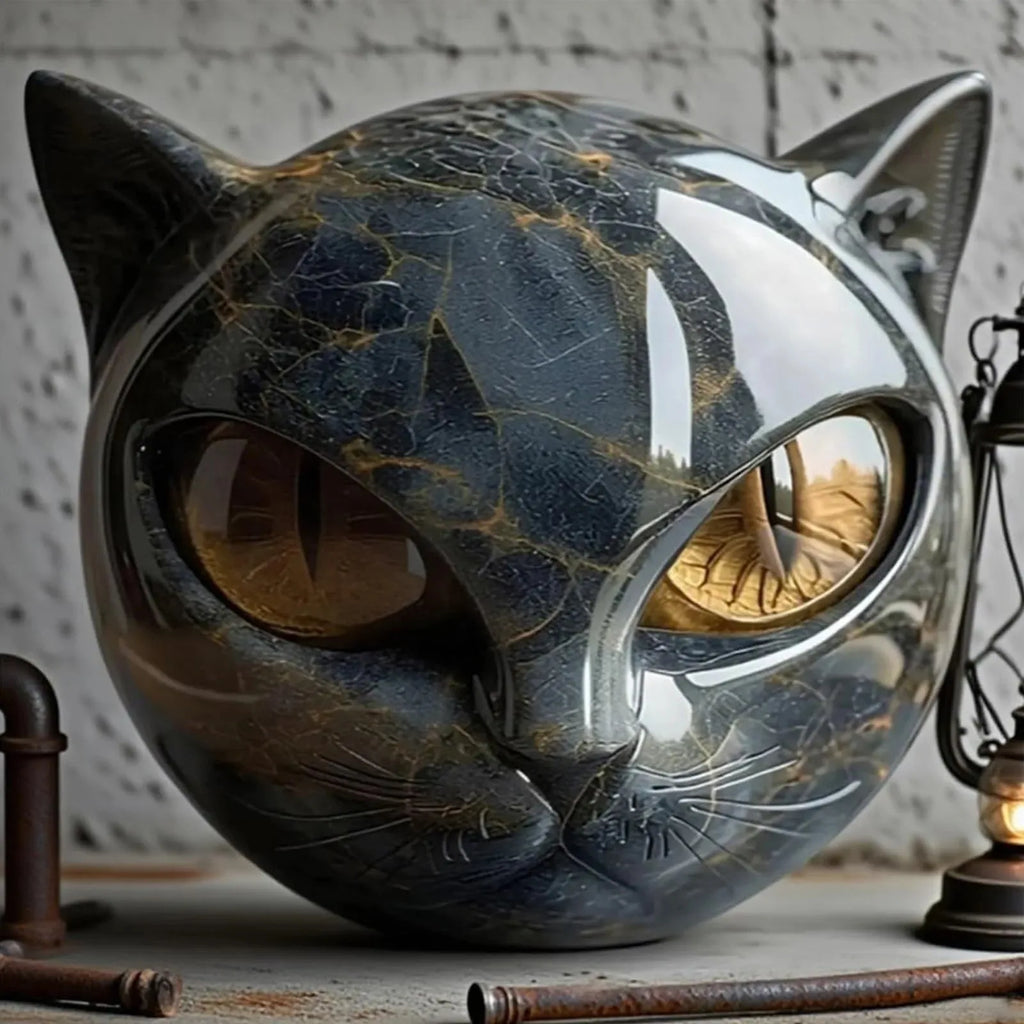 Black Cat Resin Figurine, Marble-Texture Cat Head Decor