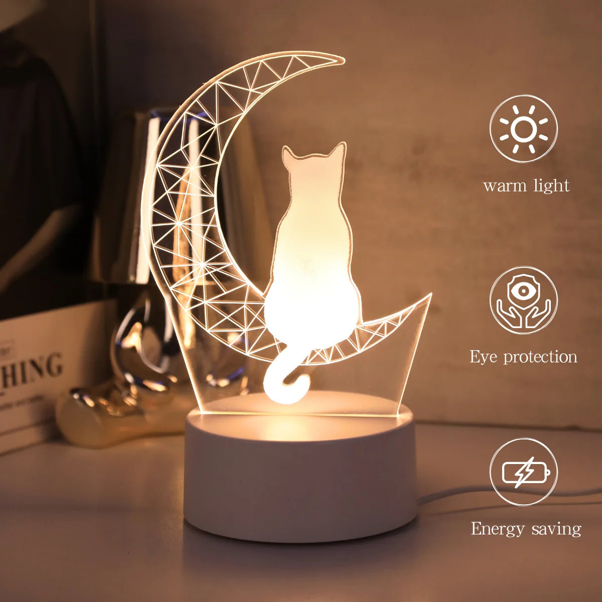 3D Moon Cat Acrylic LED Night Light, Gift for Cat Lovers