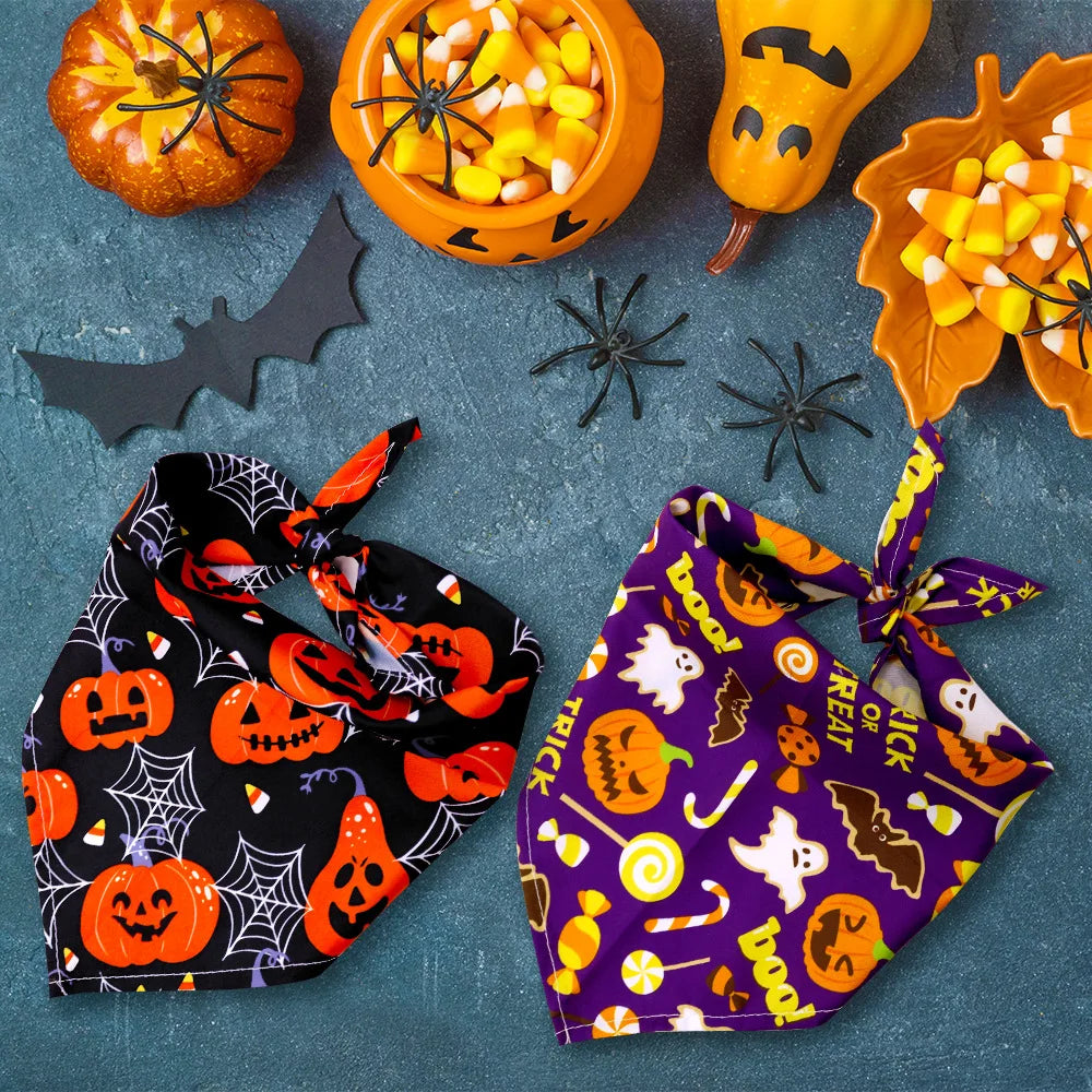 Halloween Dog & Cat Bandana Scarf, Pumpkin Ghost Bat Print Bib