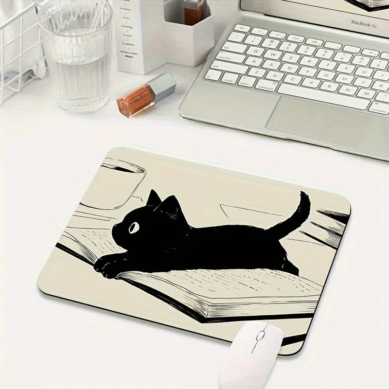 Black Cat Illustration Mouse Pad, Non-Slip Desk Mat Gift for Cat Lovers