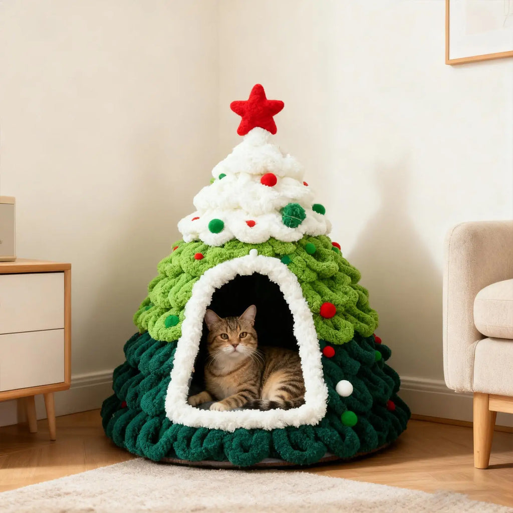 Knitted Christmas Tree Cat House, Warm Winter Nest for Kittens
