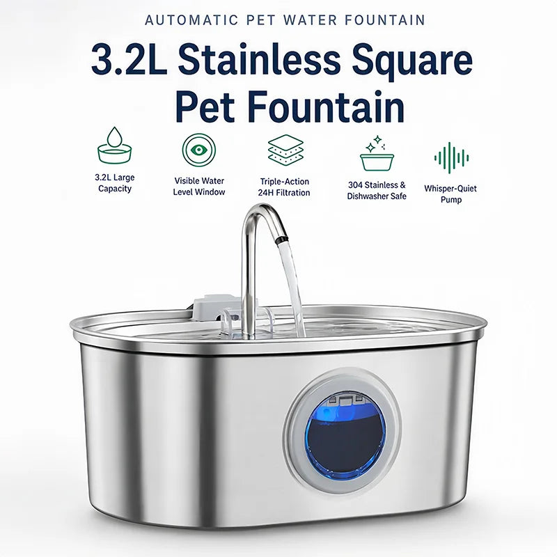 3.2L Stainless Steel Pet Water Fountain with Triple Filter