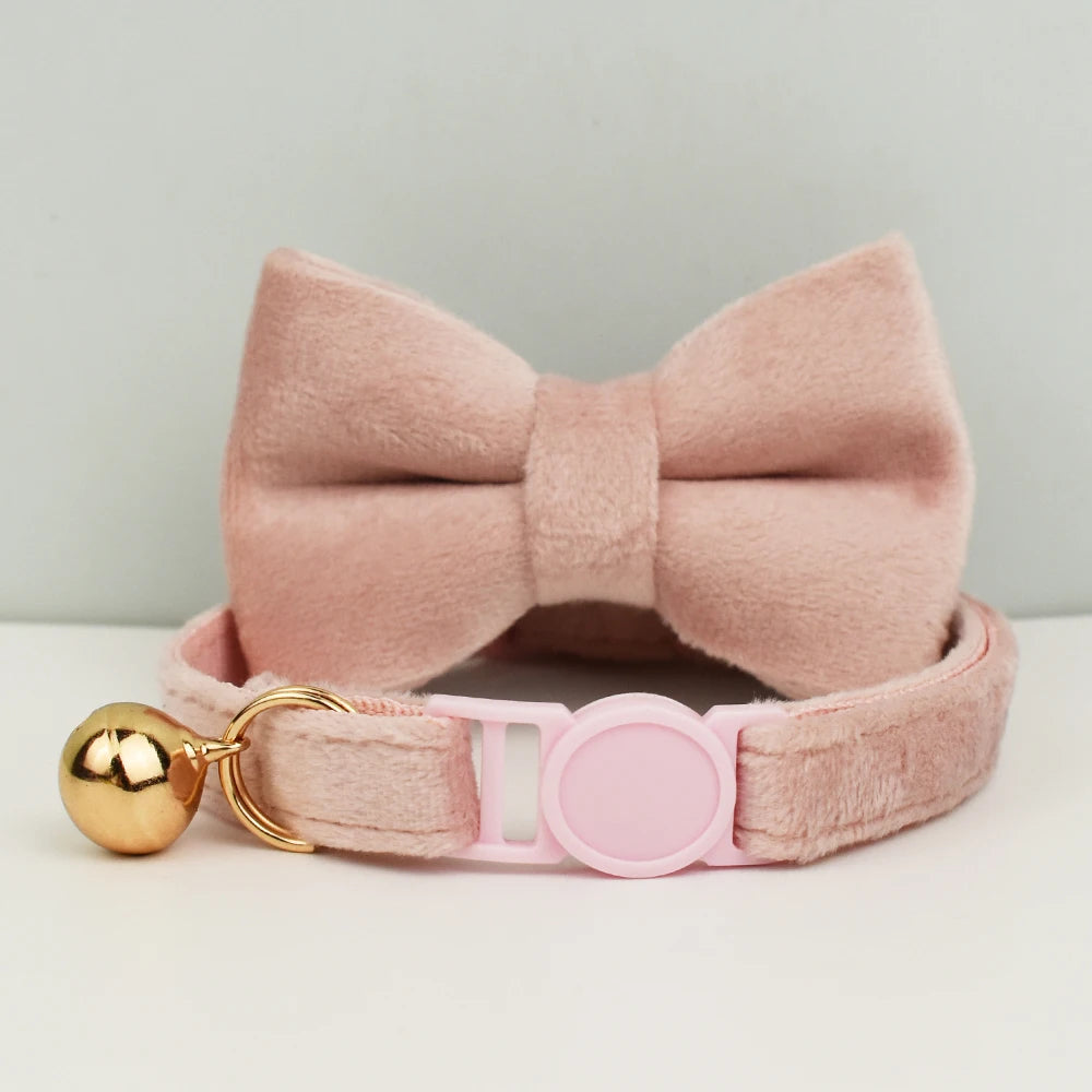 Adjustable Velvet Cat Collar with Bowknot, Safe Breakaway Style
