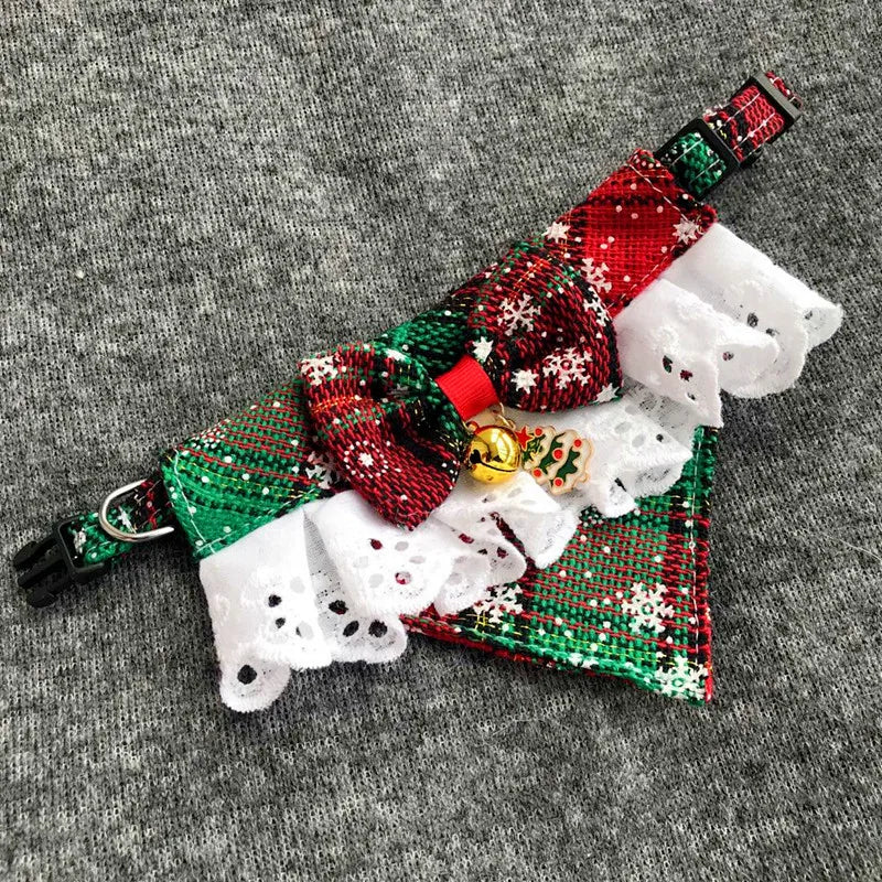Christmas Plaid Snowflake Tie Bib for Dogs with Bell