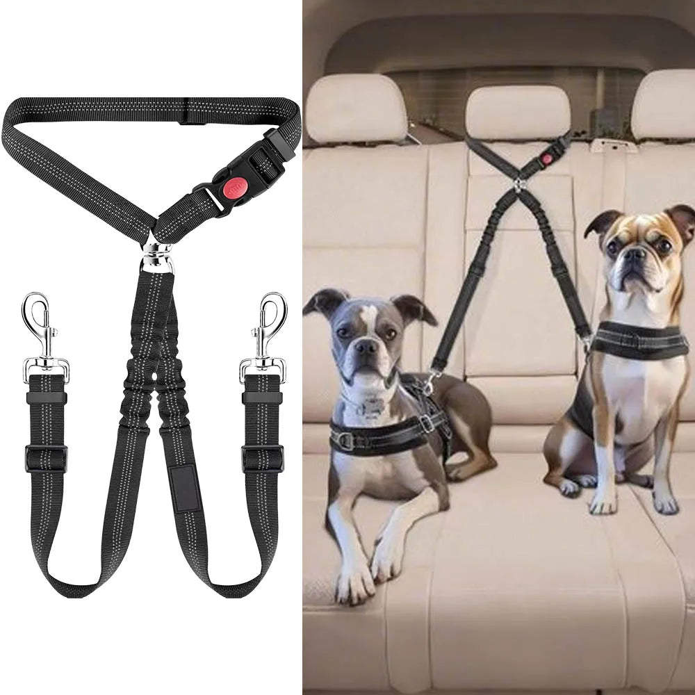 Double Dog Car Headrest Restraint, Tangle-Free Seat Belt for 2 Dogs