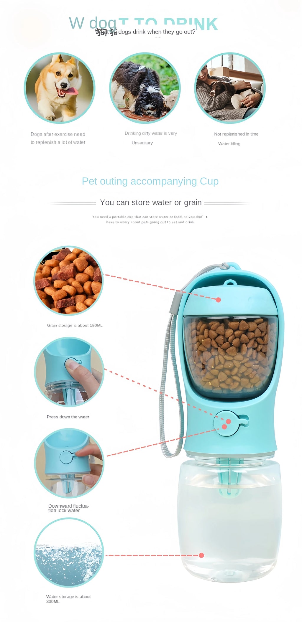 2-in-1 Pet Travel Water Bottle with Food Container for Dogs & Cats