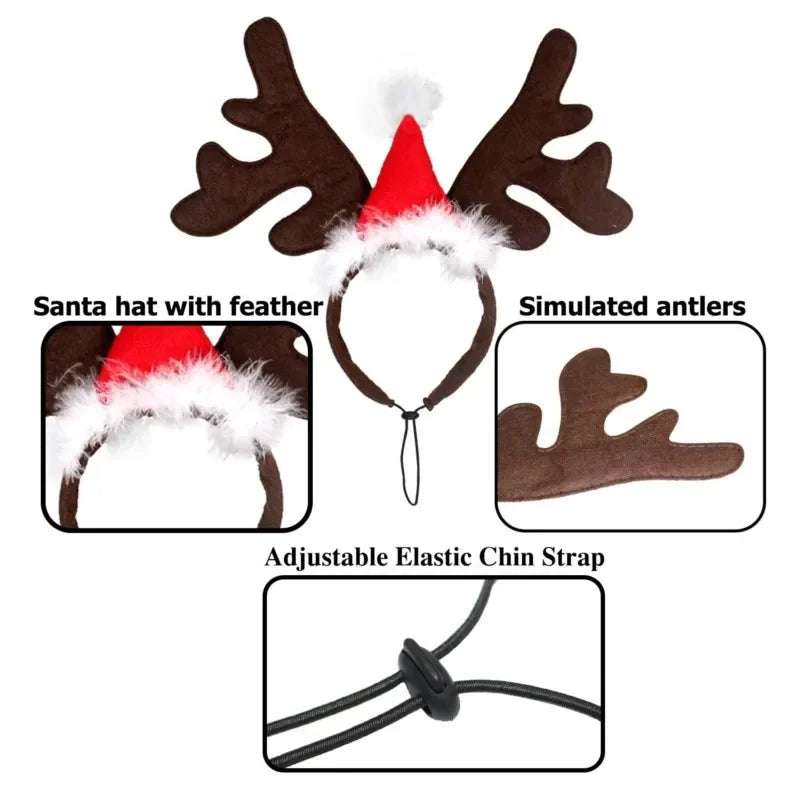 Christmas Reindeer Antler Headband with Santa Hat for Dogs & Cats