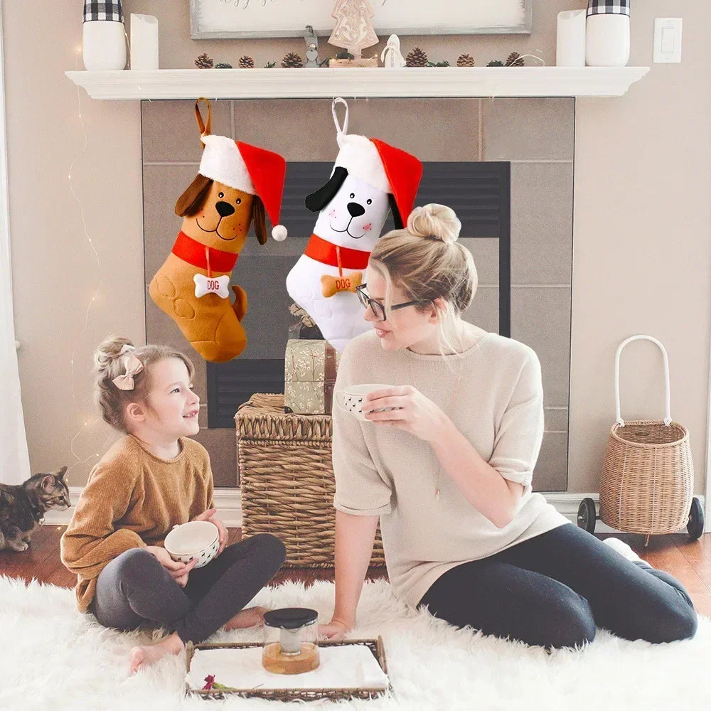 Dog Bone Christmas Stocking, Festive Holiday Gift Bag