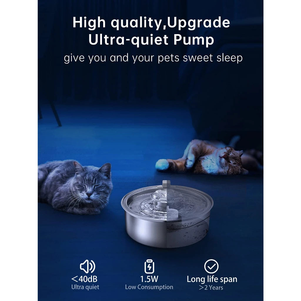 Stainless Steel Automatic Cat Water Fountain 2L Ultra-Quiet LED Pump
