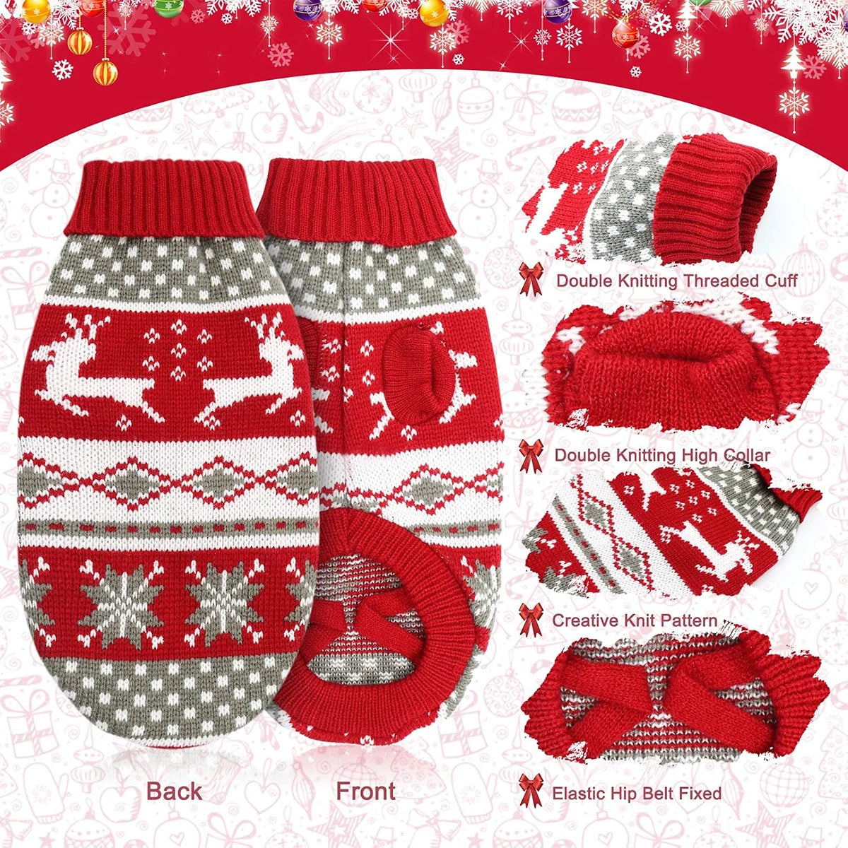 Christmas Dog Sweater, Reindeer Snowflake Knitted Xmas Pullover